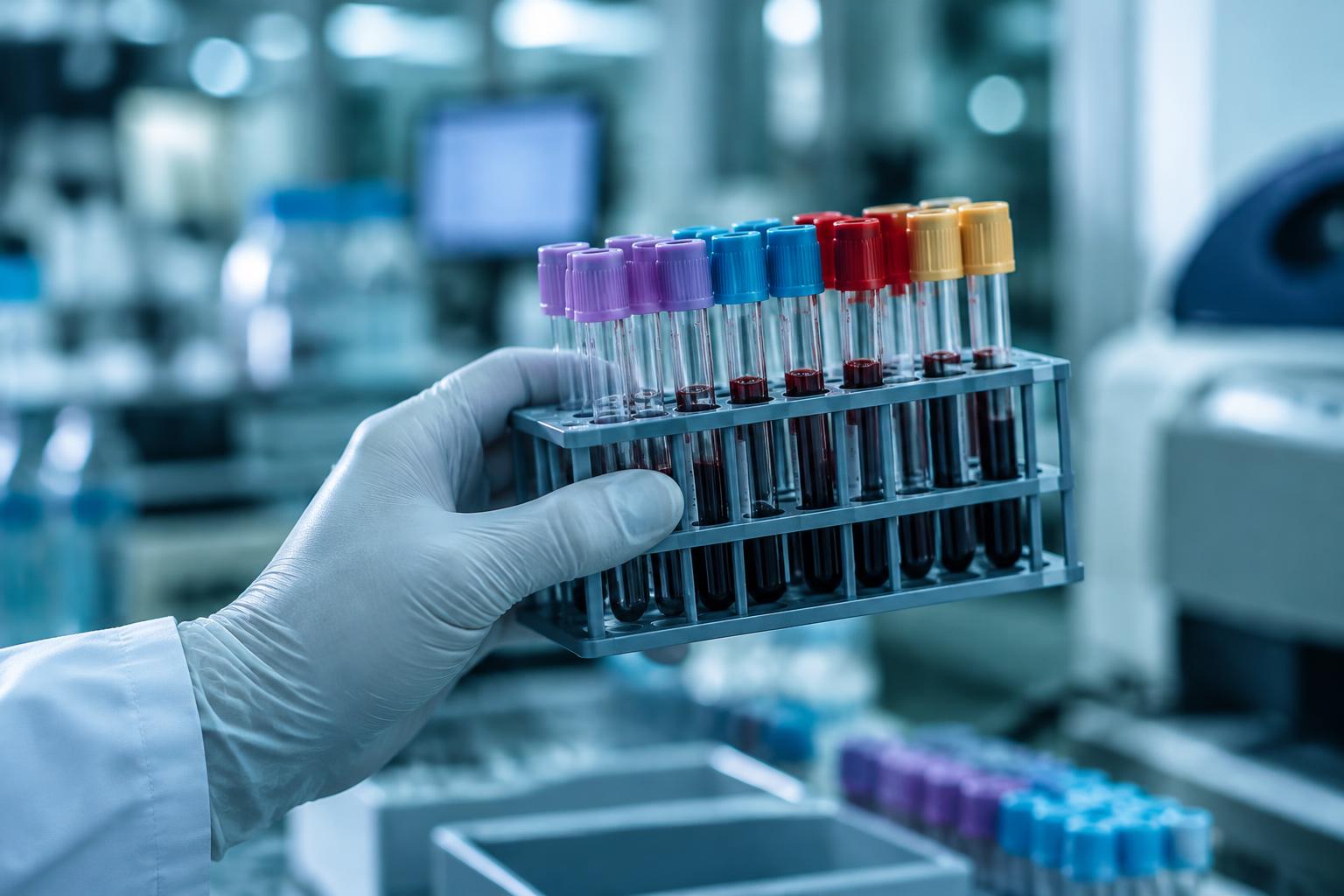 A gloved hand lifting a rack of capped blood collection tubes in a clinical laboratory.