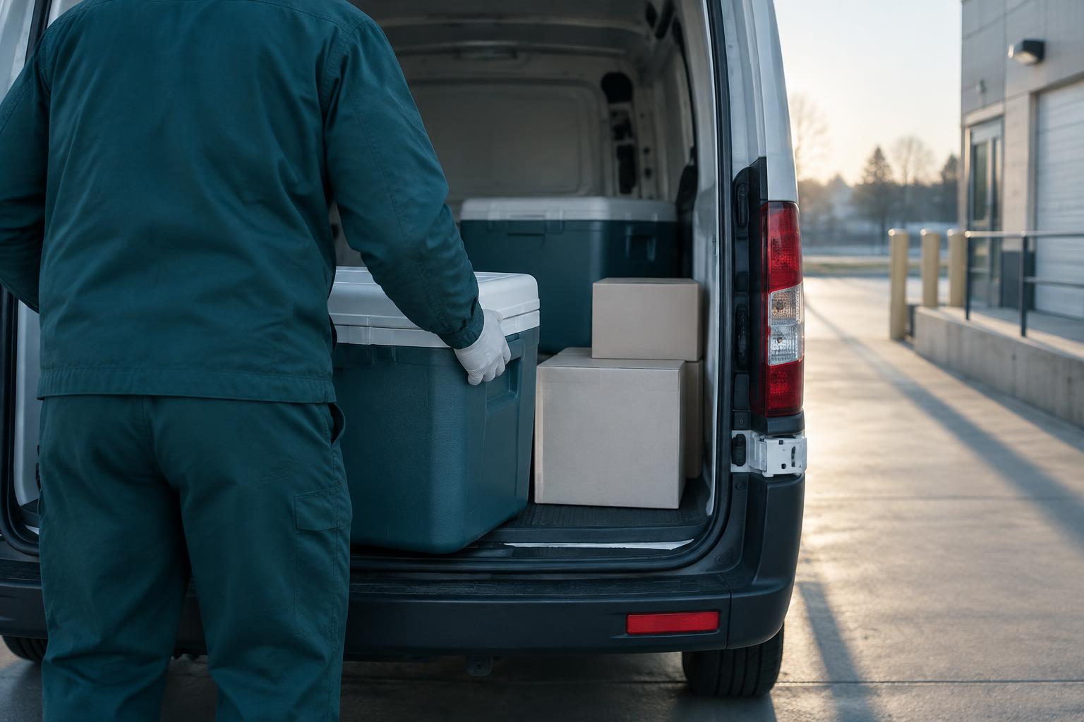 A courier loading insulated coolers and sealed medical cartons into the back of a white van.